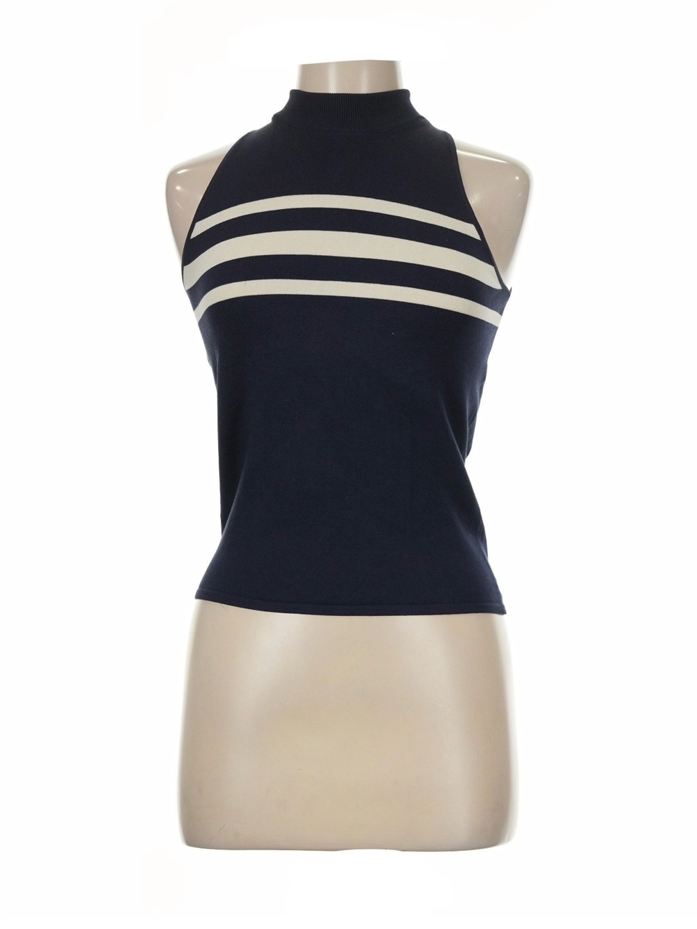 NWOT Ralph Lauren Black Label Silk Blend Knit Striped Mock Neck Top Blue Ivory M